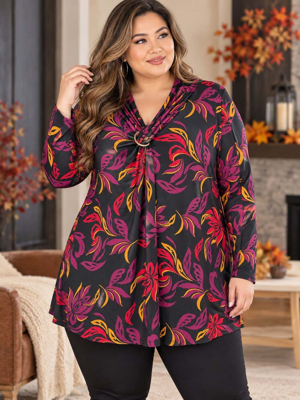 JM Collection Plus Size Tunic Blouse Size 3x Black Floral Ring Front